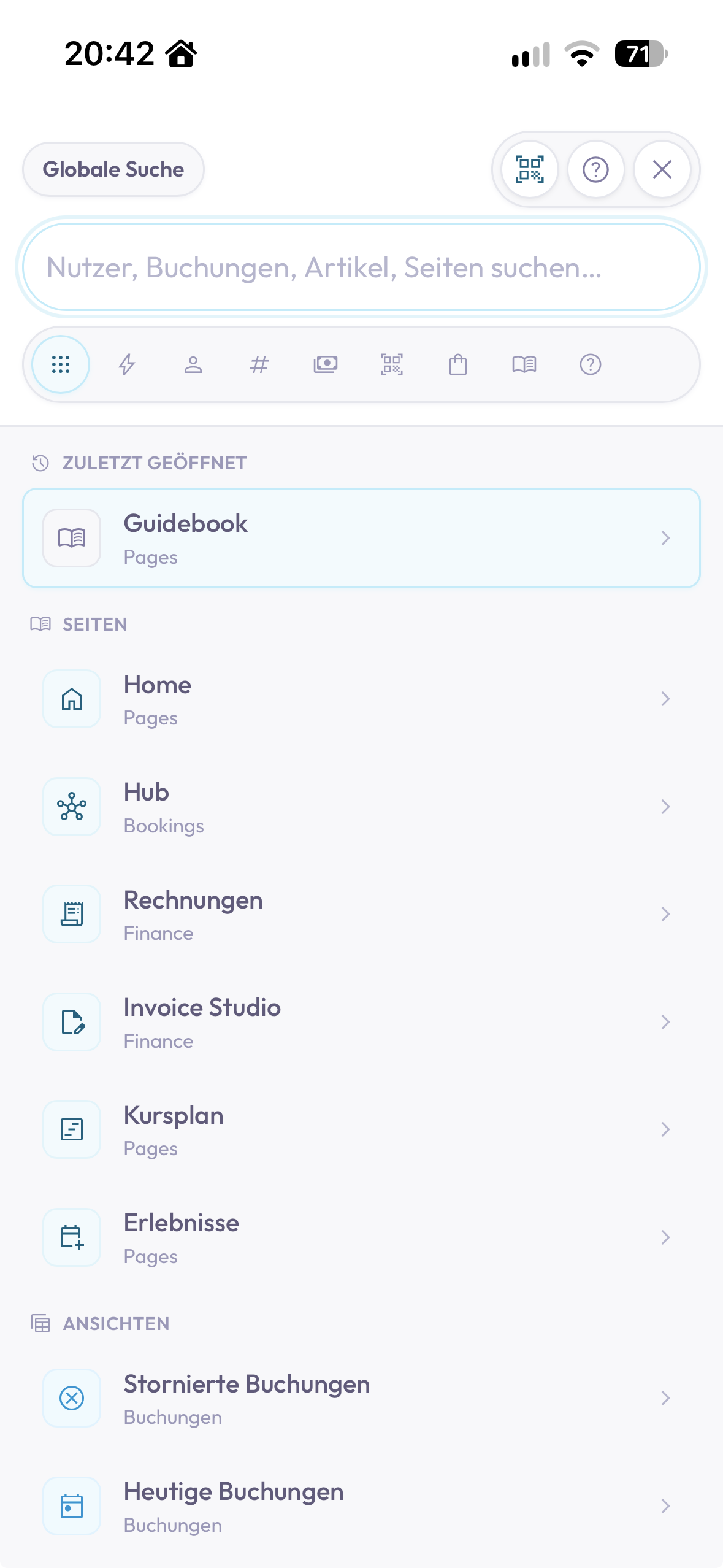 Mobile Global Search: the search field, scanner entry, recently opened pages and saved views in one place. No search term has been entered in this view.