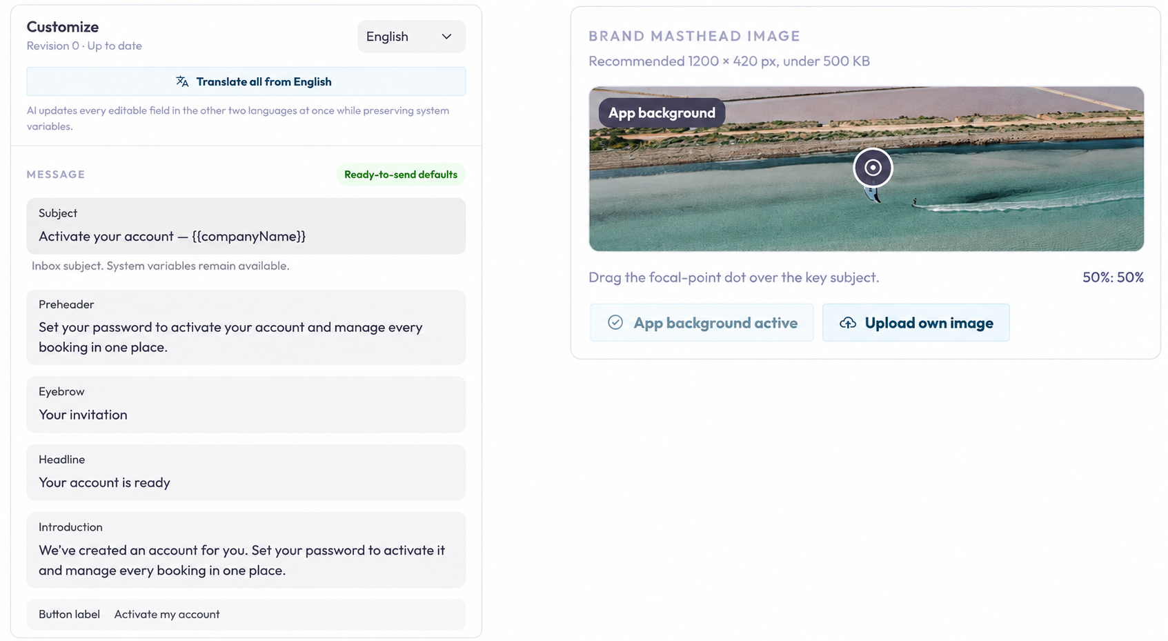 Email Studio: editable message fields and header-image focal-point controls.