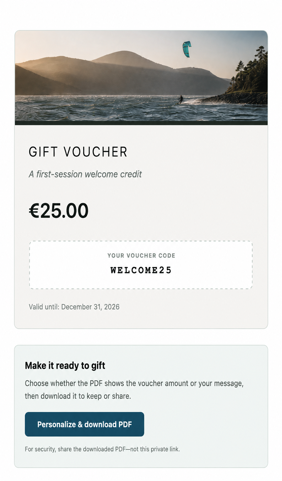 Demo voucher email with the Personalize & download PDF button and private-link guidance.