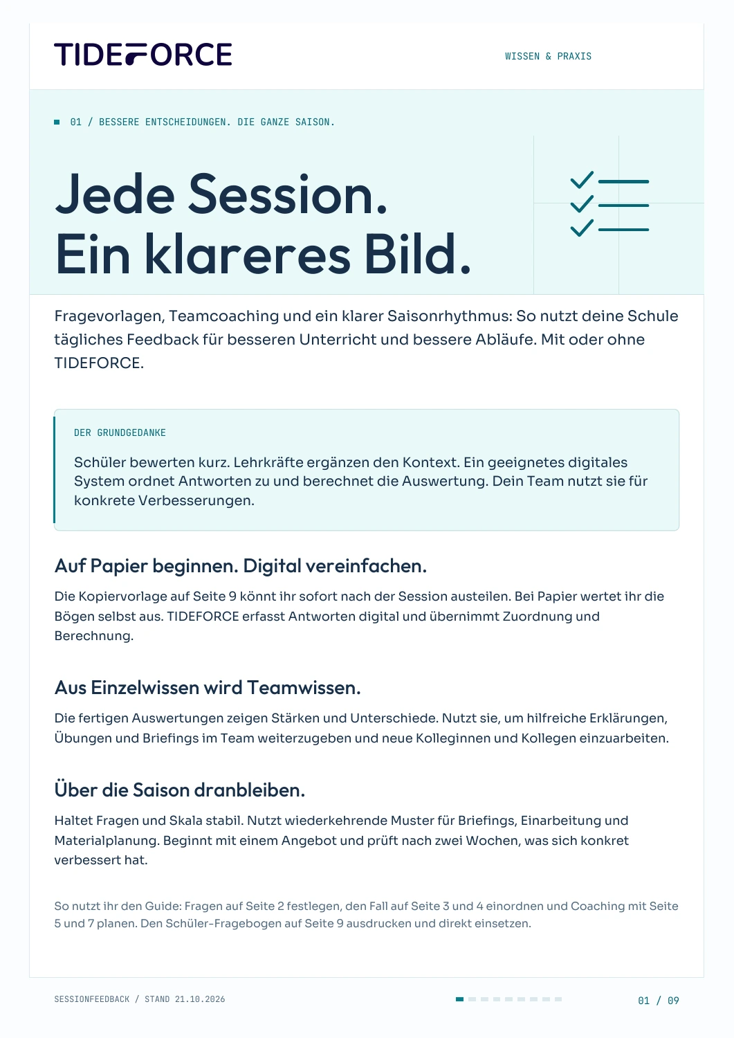 Titelseite des TIDEFORCE Sessionfeedback-Praxisguides