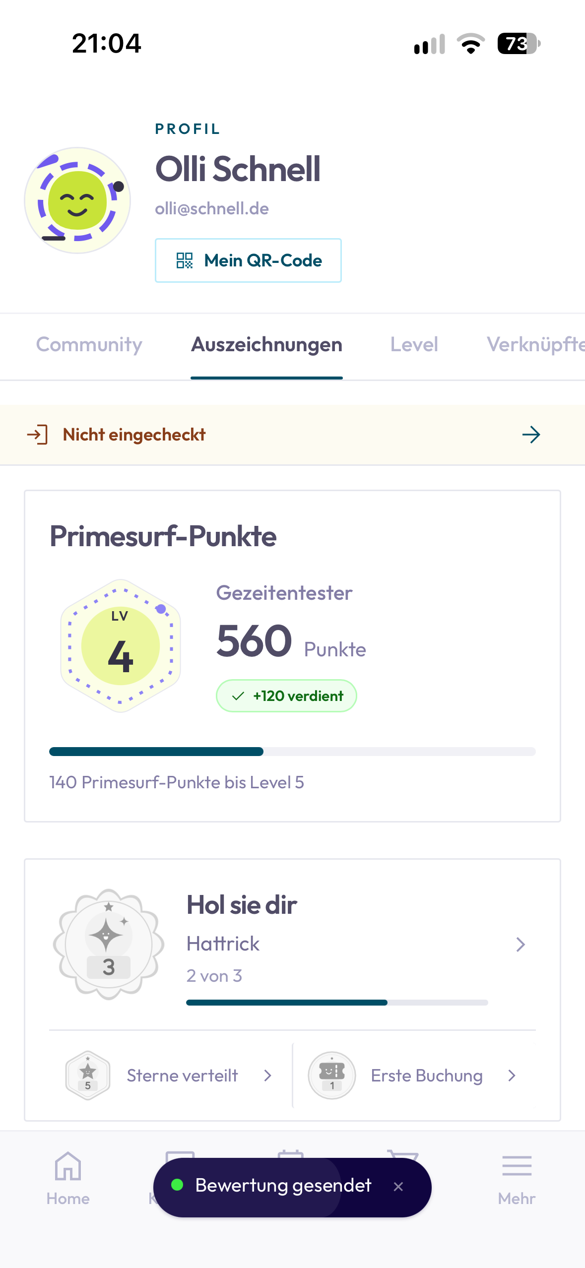 After submitting feedback, the profile shows 560 school-branded points, level 4 and progress towards the next award.