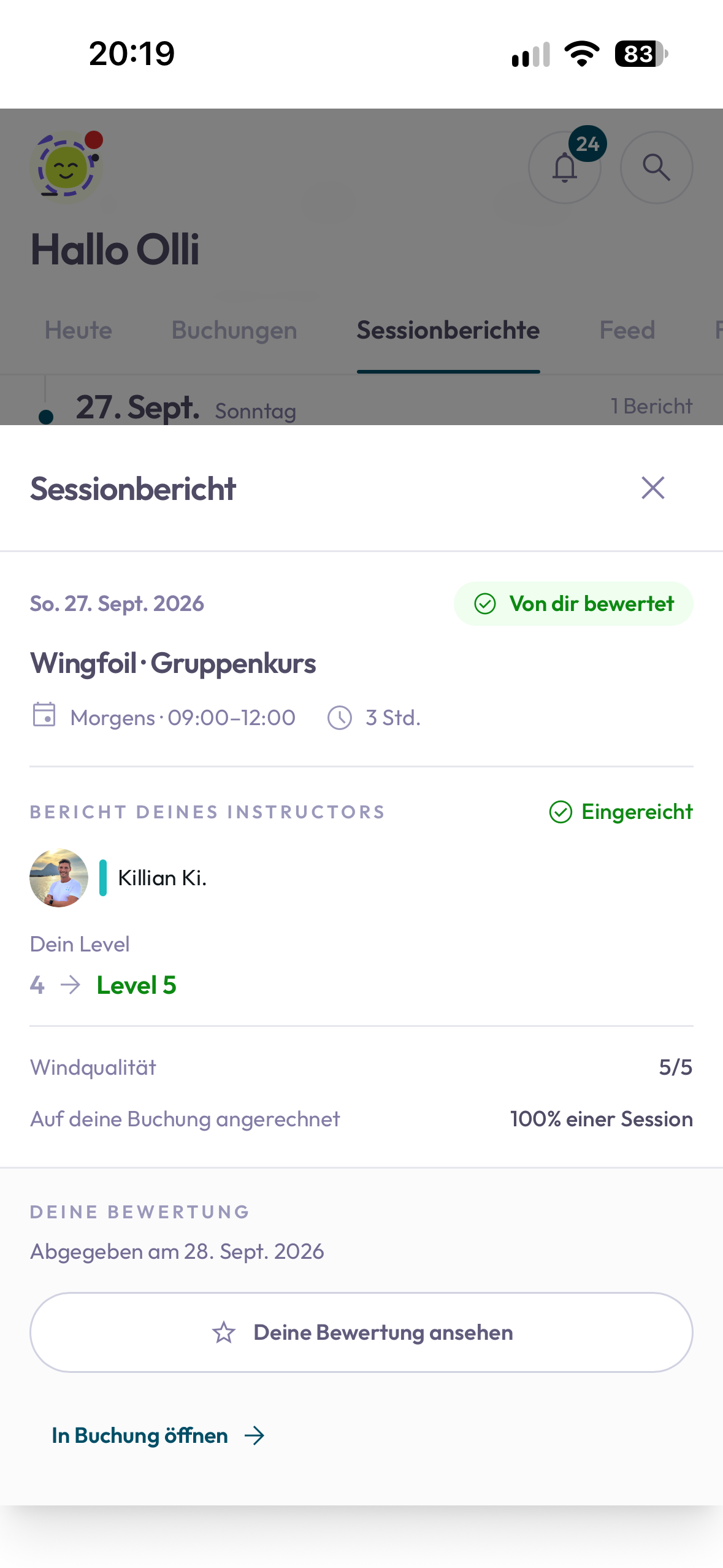 The personal wingfoil report shows three hours, progress from level 4 to 5, wind quality and the session credit.