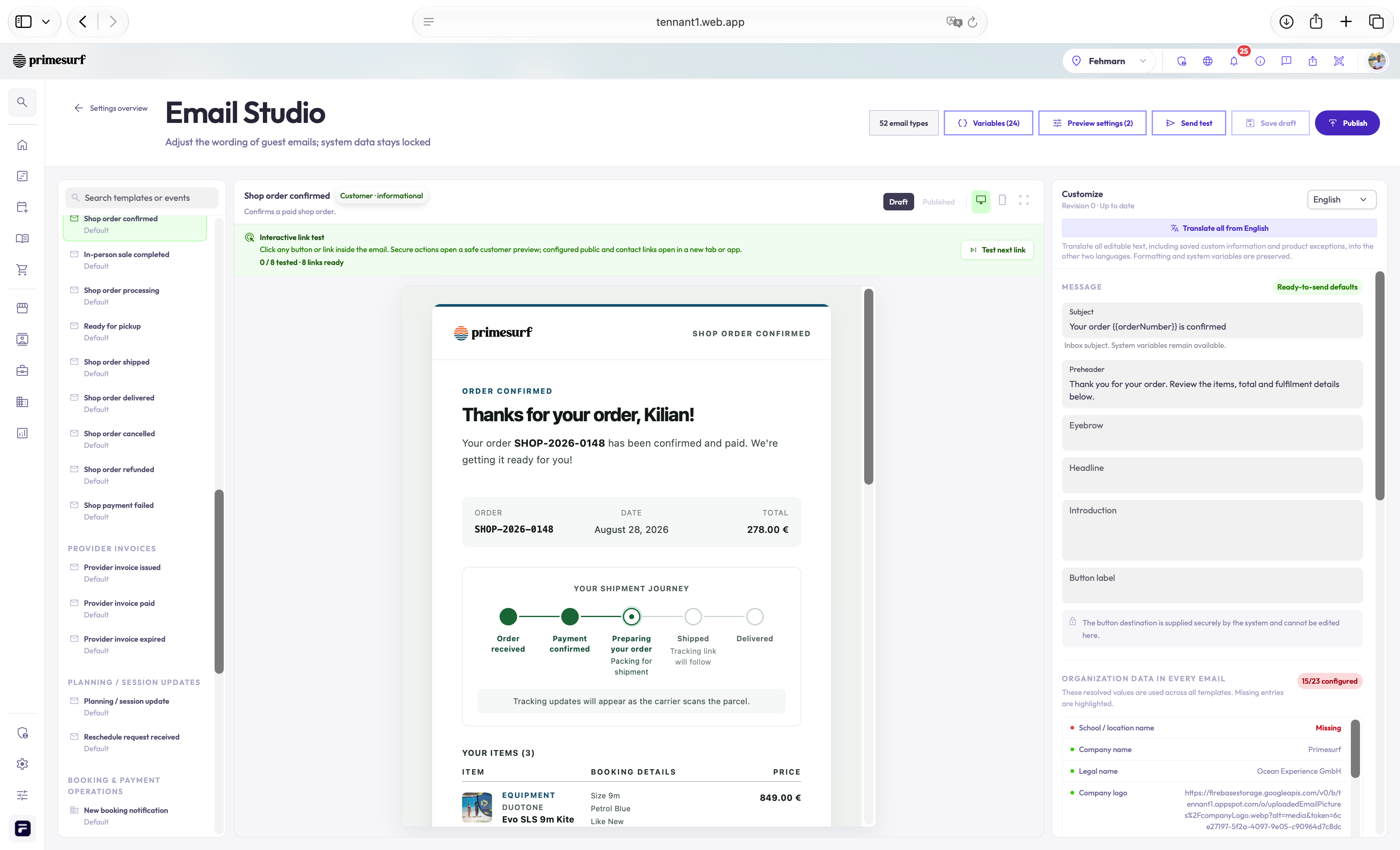 Shop-Bestellbestätigung im Builder: Bestelldetails und Versandverlauf neben den Einstellungen für Sprache, Betreff und Inhalte.