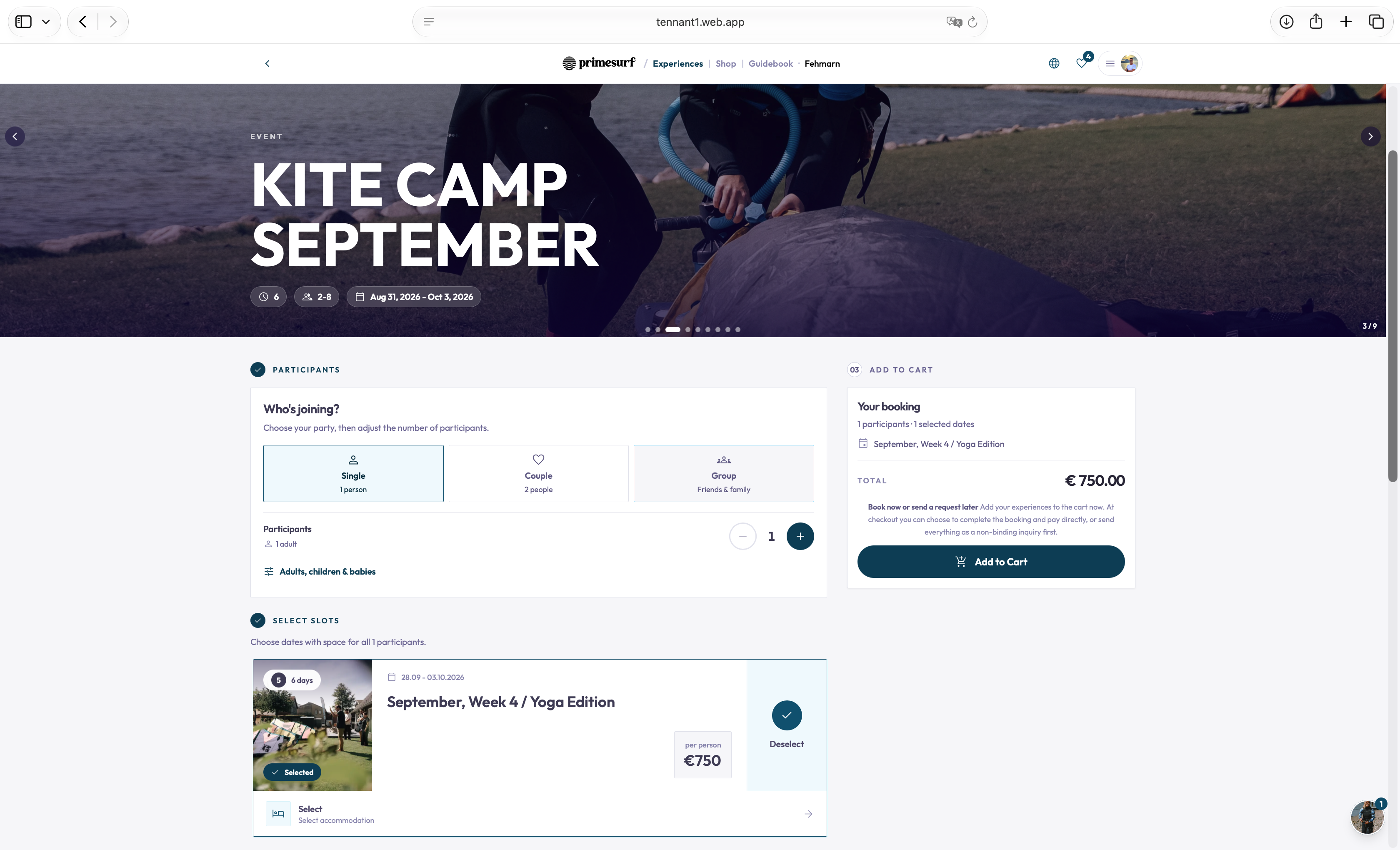 Das Event in der Booking Engine: Teilnehmerauswahl, ausgewählter Termin mit Unterkunftsoption und Buchungsübersicht mit Gesamtpreis.